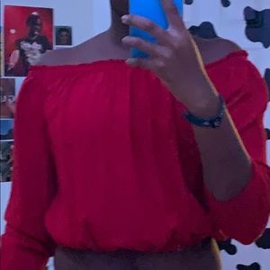 red cropped off the shoulder brandy top